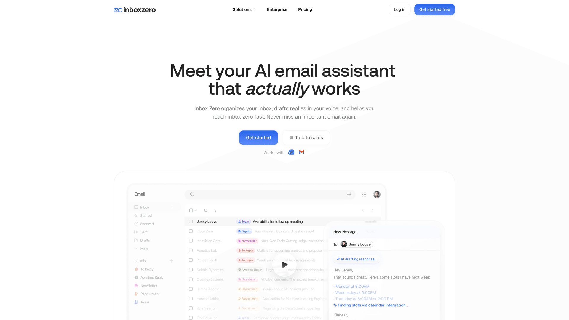 Inbox Zero homepage showing AI email assistant features for automated inbox management